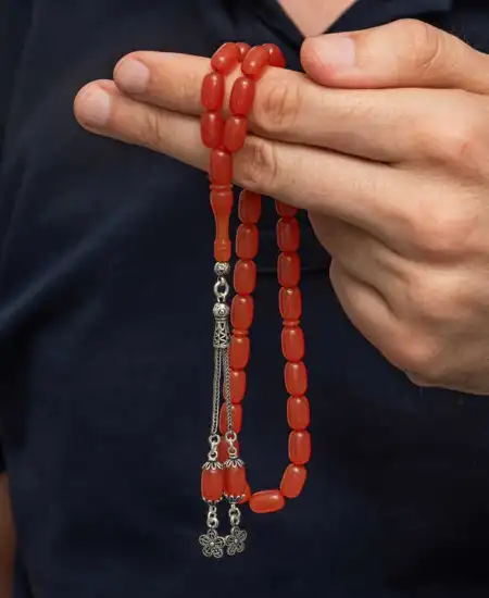 Gümüş Püsküllü Kapsül Kesim Sıkma Kehribar Tesbih