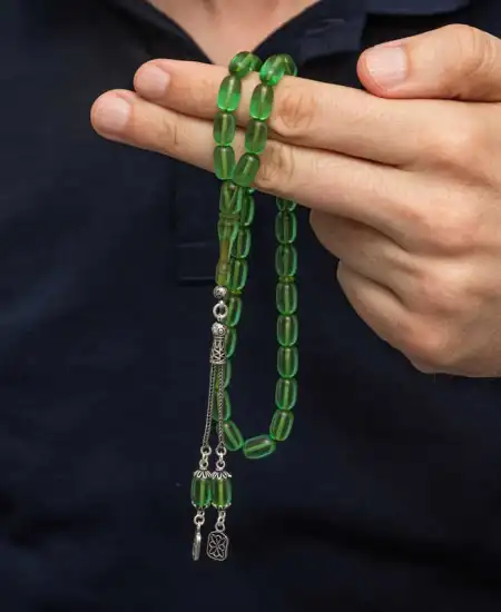 Gümüş Püsküllü Kapsül Kesim Sıkma Kehribar Tesbih