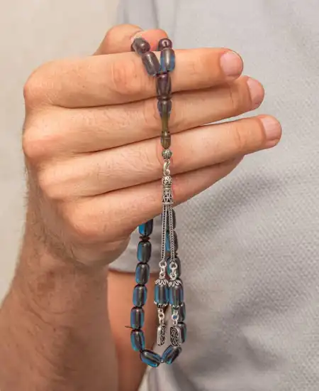 Gümüş Püsküllü Kapsül Kesim Sıkma Kehribar Tesbih