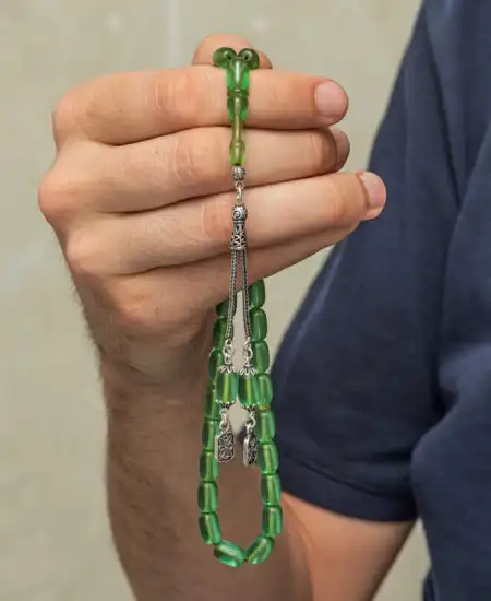 Gümüş Püsküllü Kapsül Kesim Sıkma Kehribar Tesbih