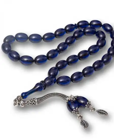 Gümüş Püsküllü Lacivert Sıkma Kehribar Tesbih
