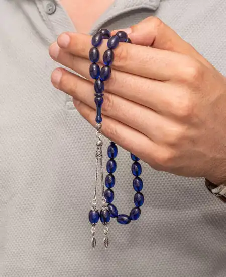 Gümüş Püsküllü Lacivert Sıkma Kehribar Tesbih