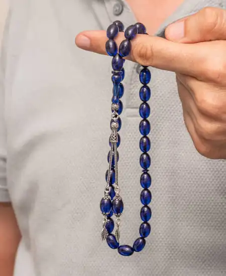 Gümüş Püsküllü Lacivert Sıkma Kehribar Tesbih