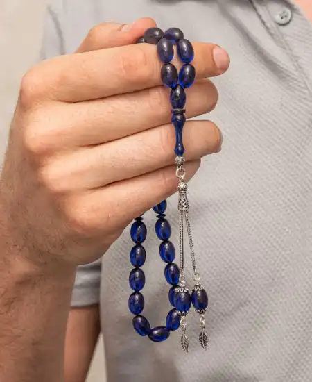 Gümüş Püsküllü Lacivert Sıkma Kehribar Tesbih