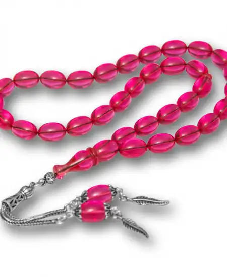 Gümüş Püsküllü Pembe Ateş Kehribar Tesbih