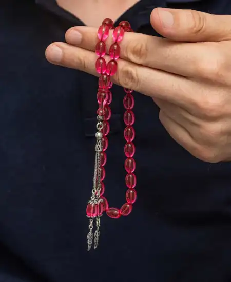 Gümüş Püsküllü Pembe Ateş Kehribar Tesbih