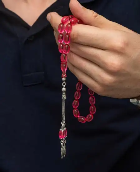 Gümüş Püsküllü Pembe Ateş Kehribar Tesbih