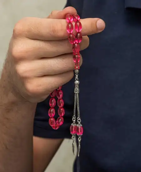 Gümüş Püsküllü Pembe Ateş Kehribar Tesbih