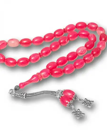 Gümüş Püsküllü Pembe Sıkma Kehribar Tesbih