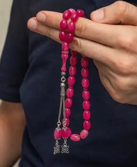 Gümüş Püsküllü Pembe Sıkma Kehribar Tesbih