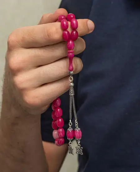 Gümüş Püsküllü Pembe Sıkma Kehribar Tesbih