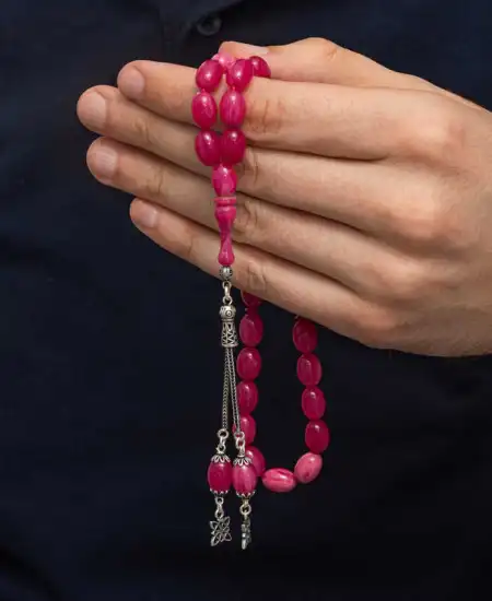 Gümüş Püsküllü Pembe Sıkma Kehribar Tesbih