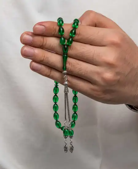 Gümüş Püsküllü Sıkma Kehribar Tesbih