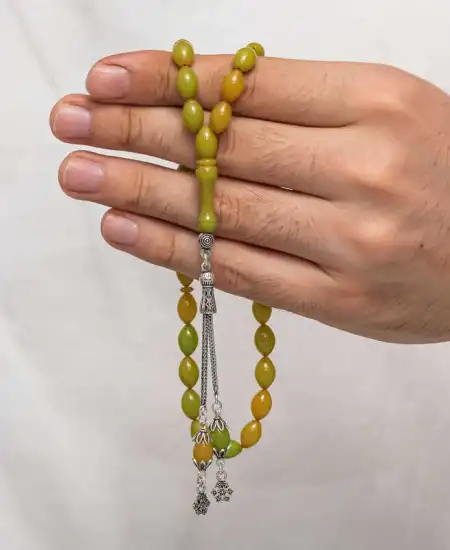 Gümüş Püsküllü Sıkma Kehribar Tesbih