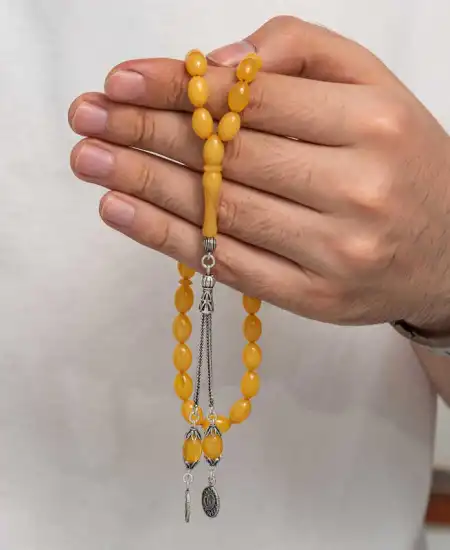 Gümüş Püsküllü Sıkma Kehribar Tesbih