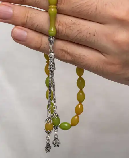 Gümüş Püsküllü Sıkma Kehribar Tesbih