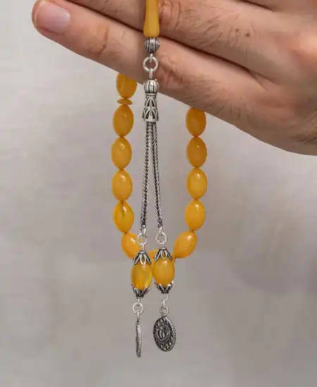 Gümüş Püsküllü Sıkma Kehribar Tesbih