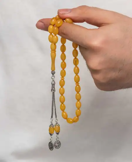 Gümüş Püsküllü Sıkma Kehribar Tesbih