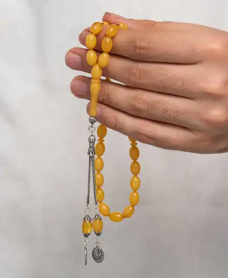 Gümüş Püsküllü Sıkma Kehribar Tesbih