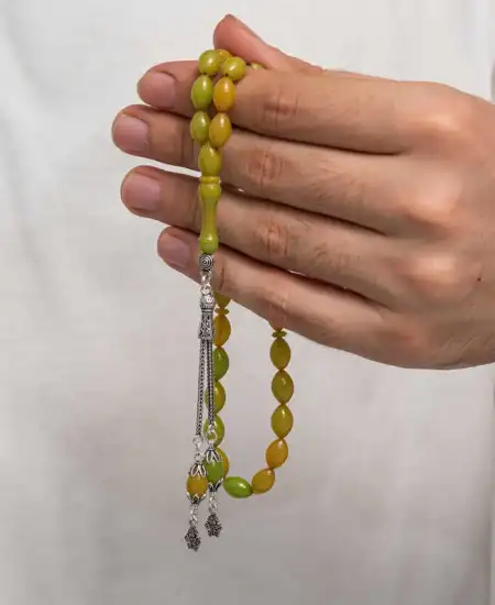 Gümüş Püsküllü Sıkma Kehribar Tesbih