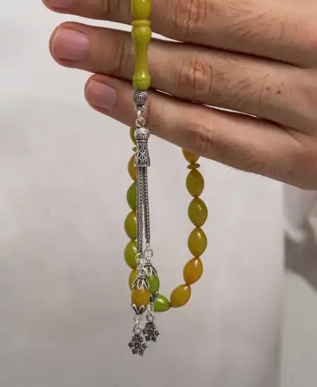 Gümüş Püsküllü Sıkma Kehribar Tesbih