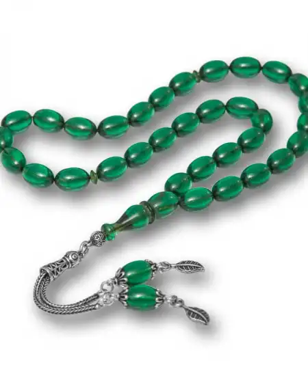 Gümüş Püsküllü Yeşil Ateş Kehribar Tesbih