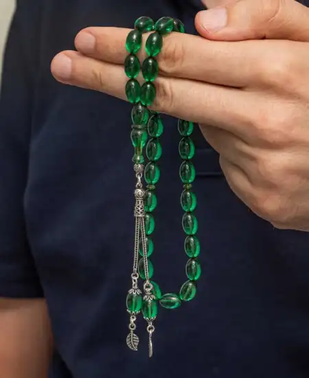 Gümüş Püsküllü Yeşil Ateş Kehribar Tesbih