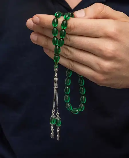 Gümüş Püsküllü Yeşil Ateş Kehribar Tesbih