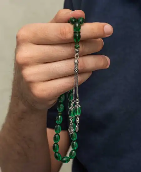 Gümüş Püsküllü Yeşil Ateş Kehribar Tesbih