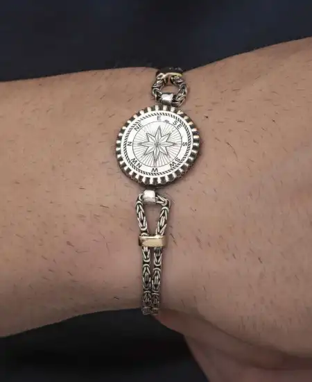 Gümüş Pusula Erkek Bileklik