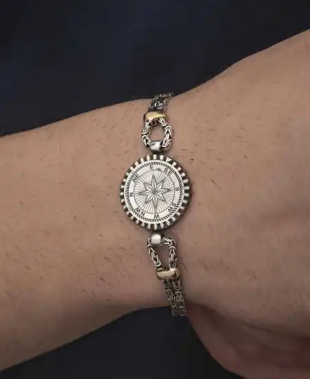 Gümüş Pusula Erkek Bileklik
