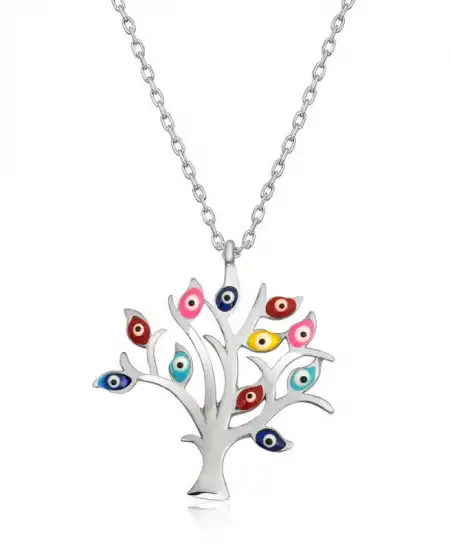 Gümüş Renkli Nazarlı Hayat Ağacı Bayan Kolye