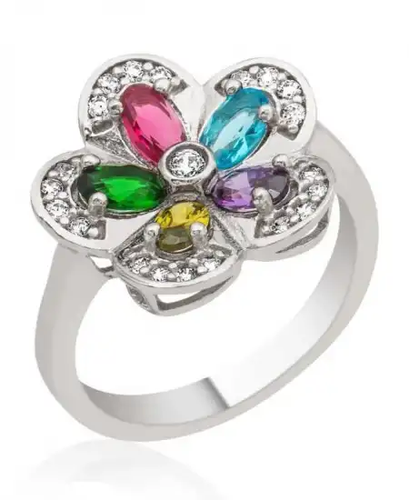 Gümüş Renkli Taşlı Çiçek Yüzük