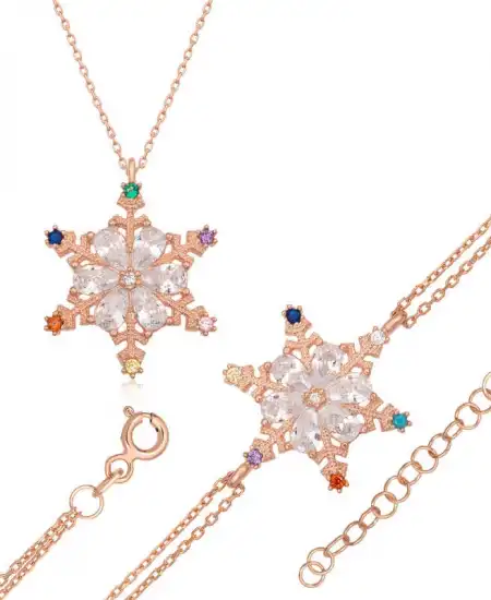Gümüş Renkli Taşlı Kar Tanesi Kadın Set