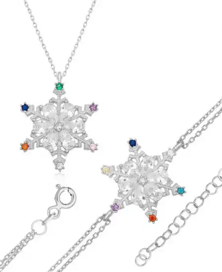 Gümüş Renkli Taşlı Kar Tanesi Kadın Set