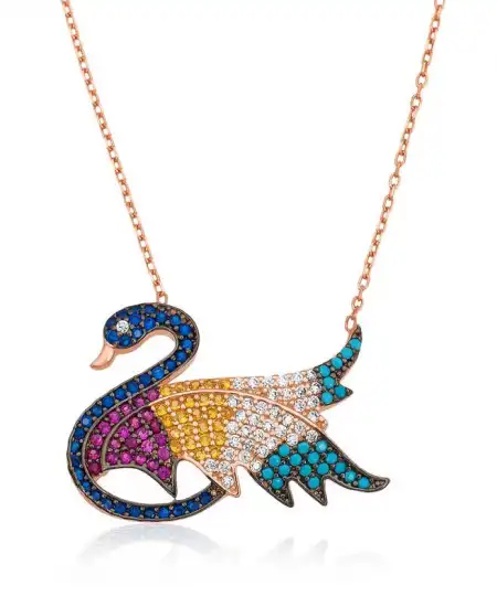 Gümüş Renkli Taşlı Kuğu Kolye