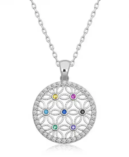 Gümüş Renkli Taşlı Yaşam Çiçeği Kadın Kolye