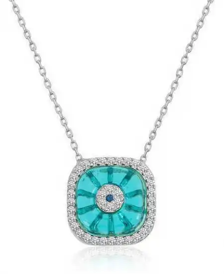 Gümüş Rodyum Kare Camgöz Nazar Bayan Kolye