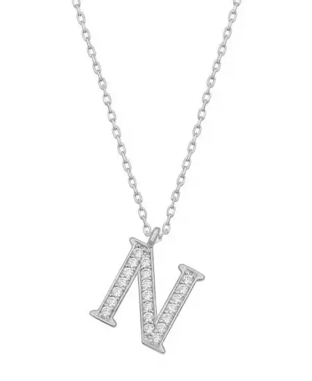 Gümüş Rodyum N Harfi Kadın Kolye