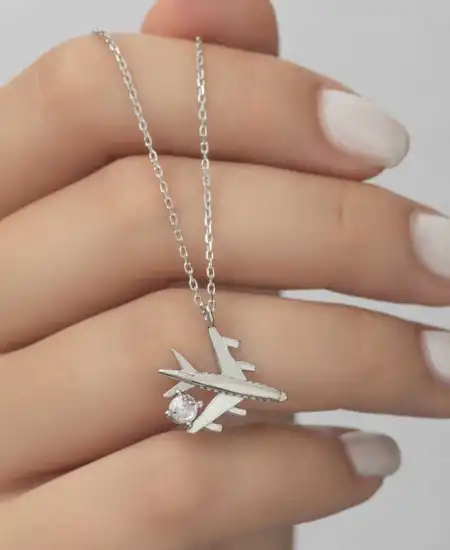 Gümüş Rodyum Tek Taşlı Uçak Kadın Kolye