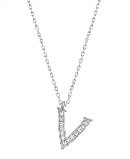 Gümüş Rodyum V Harfi Kadın Kolye