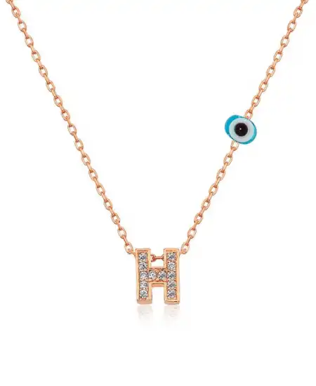 Gümüş Rose 3 Boyutlu Nazarlı Harf Bayan Kolye