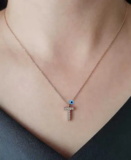 Gümüş Rose 3 Boyutlu Nazarlı Harf Bayan Kolye