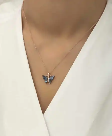 Gümüş Rose Antrasit Kaplangözü Taşlı Kelebek Kolye