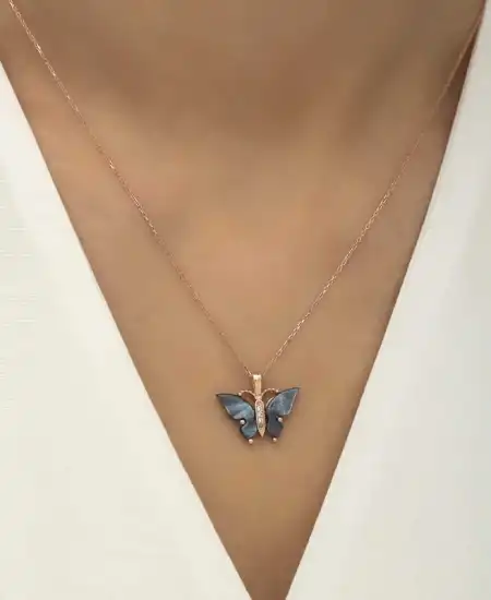 Gümüş Rose Antrasit Kaplangözü Taşlı Kelebek Kolye