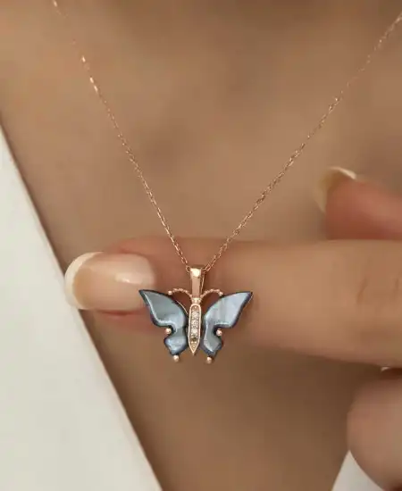 Gümüş Rose Antrasit Kaplangözü Taşlı Kelebek Kolye