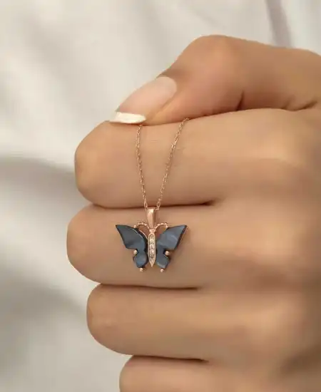 Gümüş Rose Antrasit Kaplangözü Taşlı Kelebek Kolye