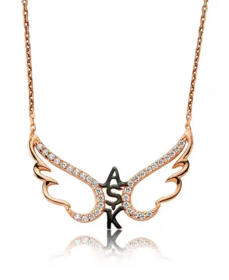 Gümüş Rose Aşk Yazılı Melek Kanadı Kadın Kolye