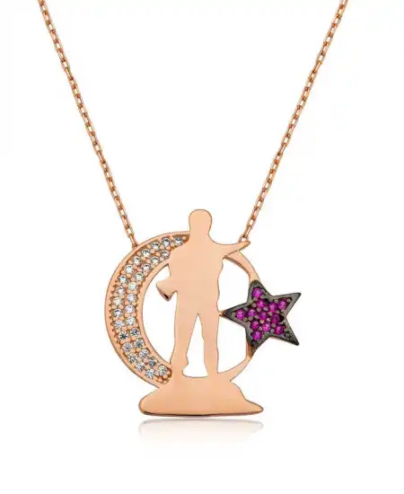 Gümüş Rose Ay Yıldız Asker Bayan Kolye