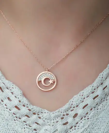 Gümüş Rose Ay Yıldız Bayan Kolye
